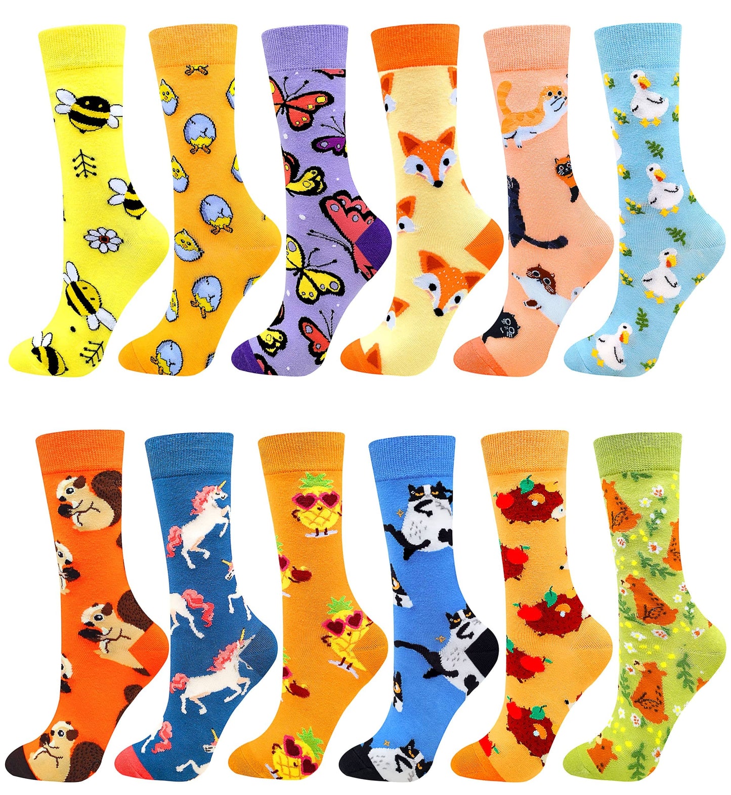 Fasefunn Women's Fun Socks Funny Colorful Novelty Crazy Animal Patterned Socks Crew, Premium Cotton, Size 6-11, 12 Pairs US031201