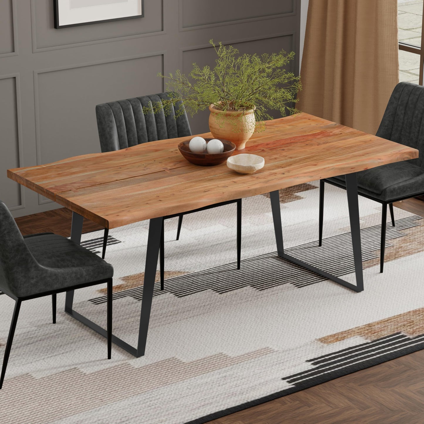 SIMPLIHOME Delta Dining Table - 72 inch Wide Solid Acacia Wood Rectangular Table in Natural, Modern Industrial Style for Dining Room or Kitchen with Black Powder-Coated Iron Base, Seats 6
