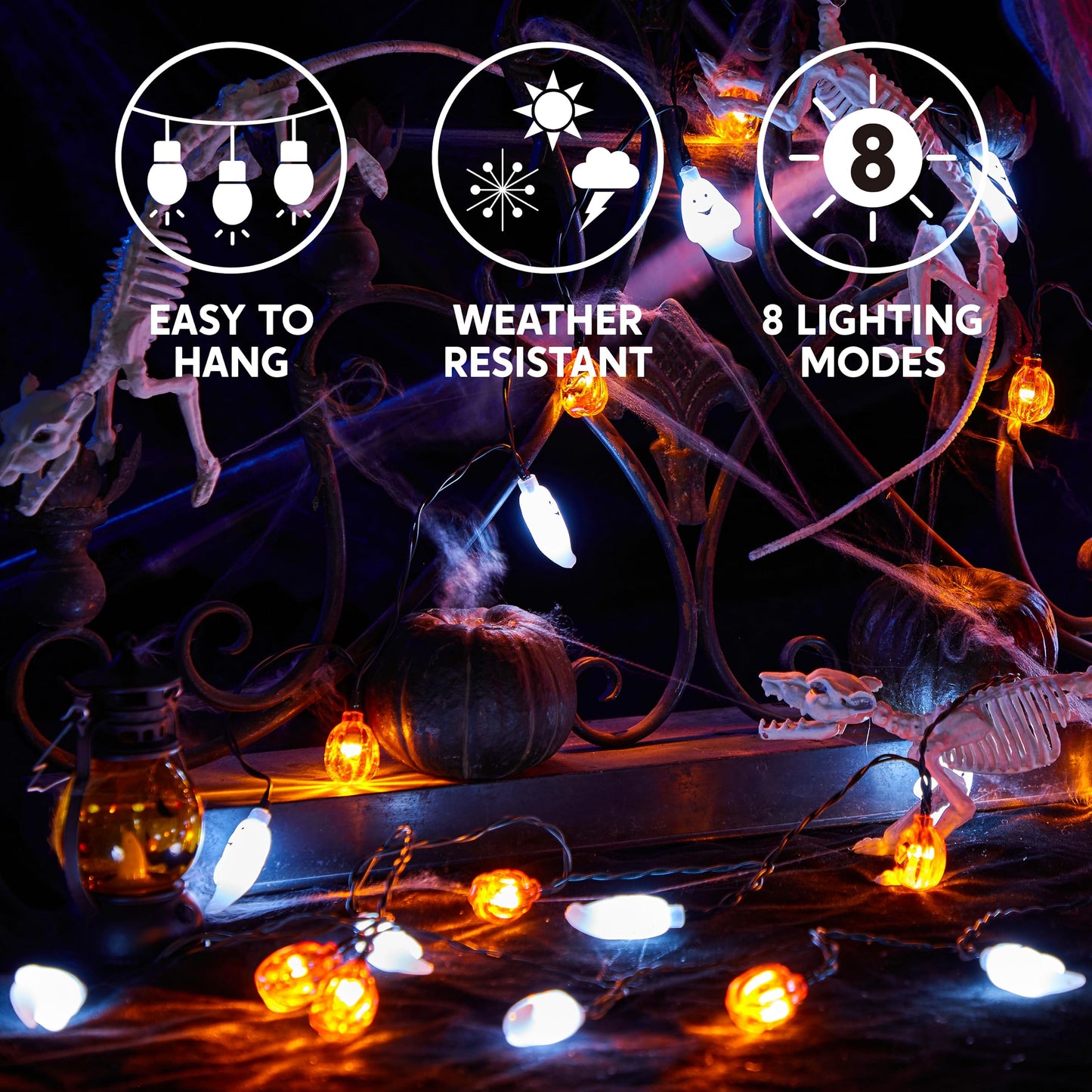 JOYIN Halloween String Lights, 30 LED Ghost Pumpkin, 19.7FT, 8 Lighting Modes, Battery Operated, Orange/White
