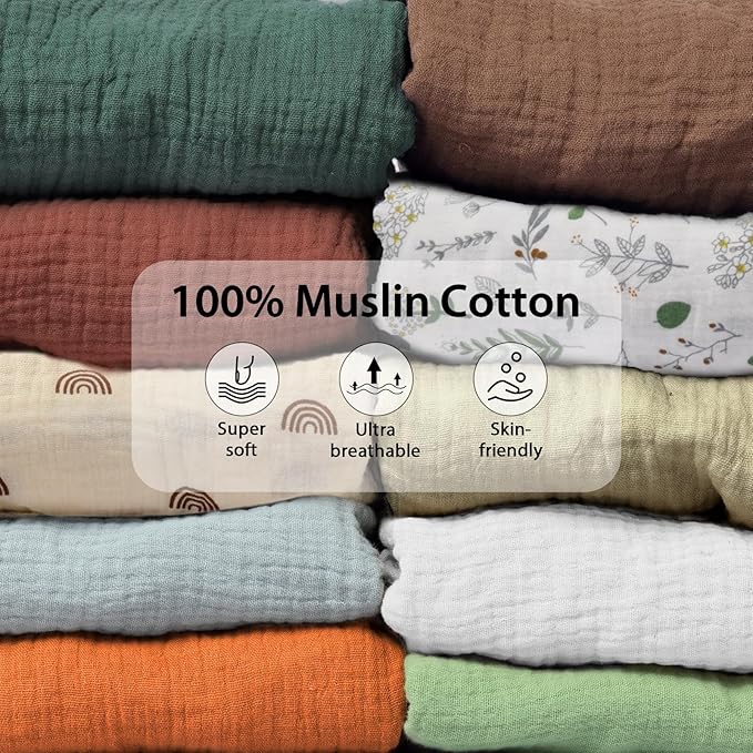 2 Pack Soft Muslin Baby Crib Sheets, 100% Cotton Breathable Double Layer Fitted Sheets for Standard Crib and Toddler Bed Mattresses 28x52 Inches, for Baby Girls and Boys (Brown & Rainbow