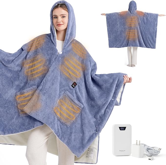 Bedsure Cordless Wearable Heated Blanket - Fluffy Electric Blanket Hoodie with 20000mAh Battery Pack, Portable USB Heated ...
