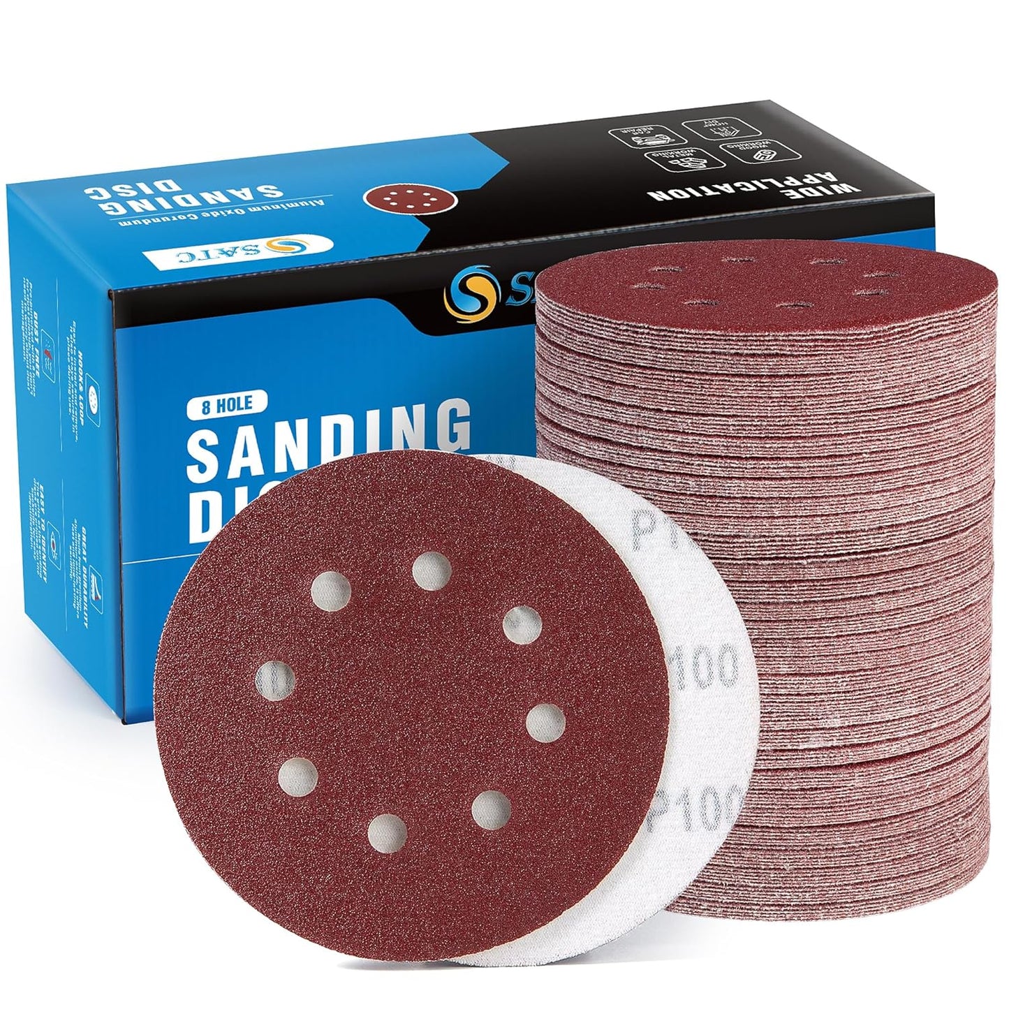 S SATC 150 Pcs Hook and Loop Adhesive Sanding Discs 5 Inch 8 Hole Sandpaper 100 Grit Aluminum Oxide Sander Pads for Random Orbital Sander