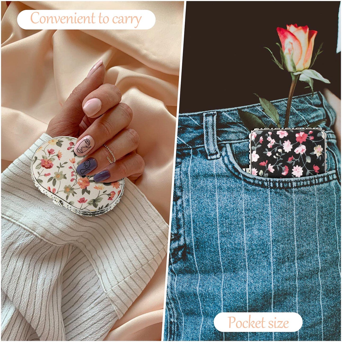 Blulu 8 Pieces Compact Mirror for Purse Flower Small Compact Mirror Gift Makeup Floral Pocket Retro Folding Portable Travel Acce