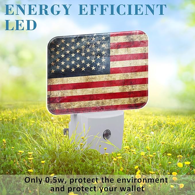 Vintage American Flag Night Light for Kids Girls Boys, Retro USA Flag LED Night Light Plug into Wall with Dusk to Dawn Sensor for Room, Hallway, Kitchen, Bathroom, Stairs Decor