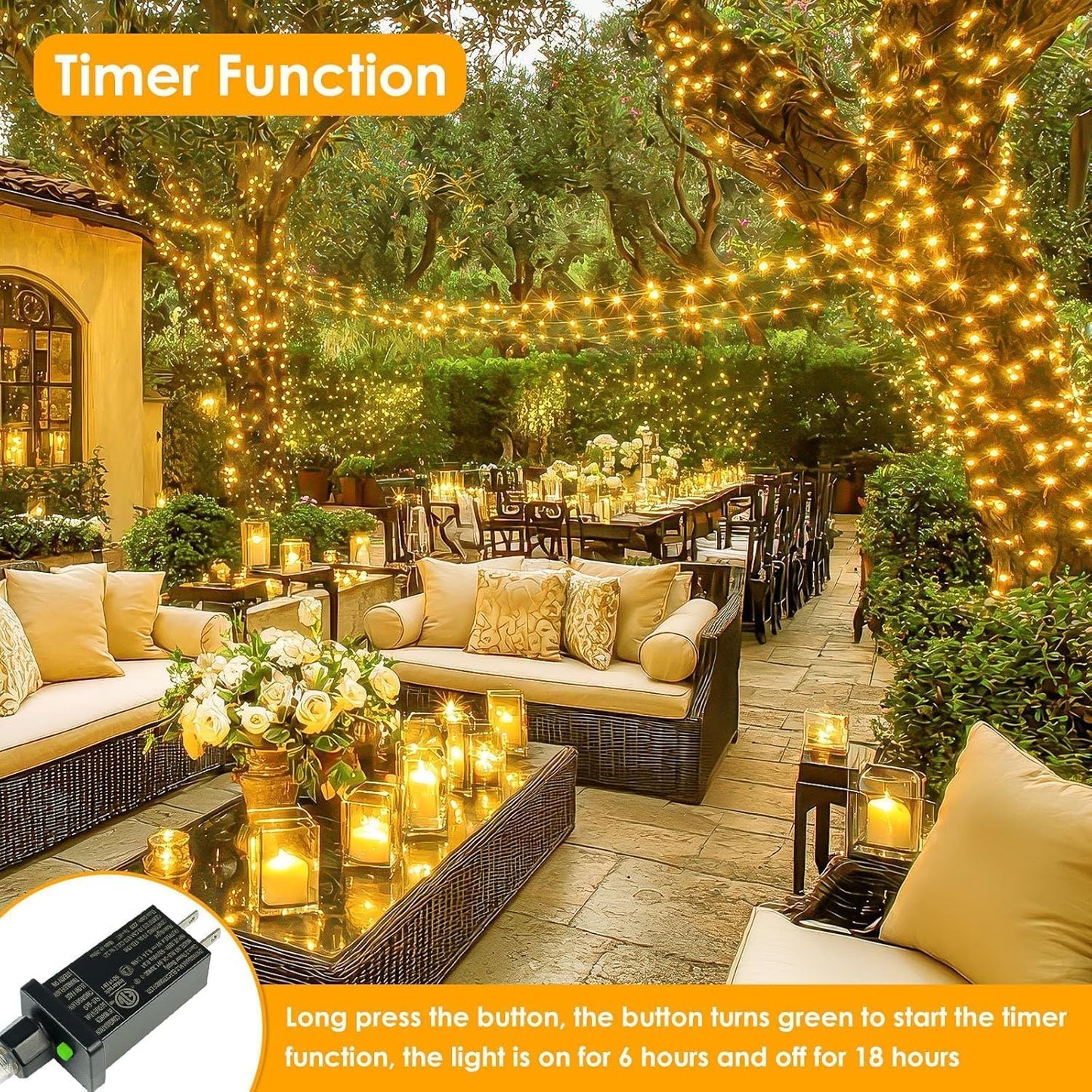 BHCLIGHT 2Pack 33Ft 100 LED Fairy Lights, Warm White, Waterproof, 8 Modes with Remote, Model MLS-D4.5V1.35WUC-O
