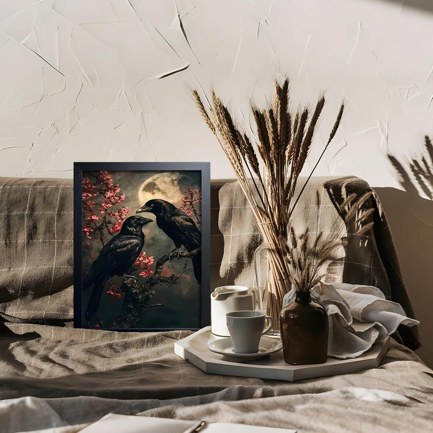 Black Wood Framed Halloween Canvas Wall Art Painting, Vintage Black Crow Cherry Blossom Wall Decor Picture, Dark Academia Gothic Poster Print Photo for Living Room Bedroom Office Decor 8x10 Inch