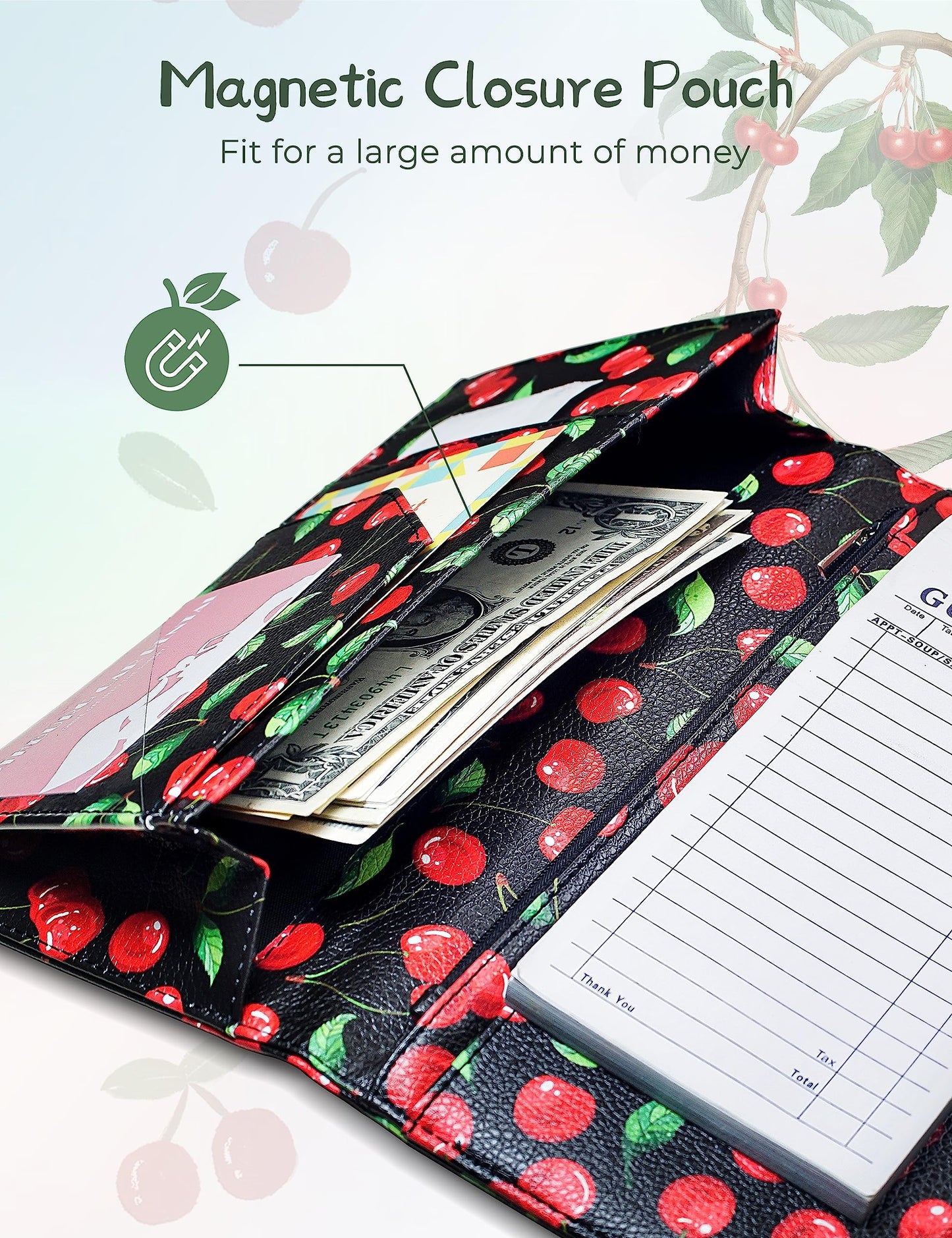 Mymazn 4.7 X 9 Cherry Server Book with Zipper Pocket Bling Waitress Book with Money Pocket and Magnetic Closure, Restaurant Waitstaff Organizer Fit Server Apron with High Volume Pocket