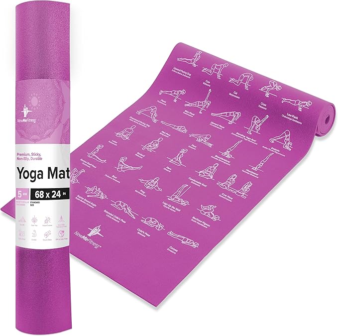 NewMe Fitness Yoga Mat for Women and Men - Large, 5mm Thick, 68 Inch Long, Non Slip Exercise Mats w/ 70 Printed Yoga Poses...