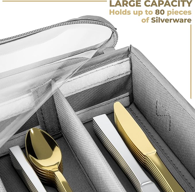 Sorbus Flatware & Utensil Storage - Gray Fabric Chest Box for Storage and Organizing Utensils, Silverware, Flatware, Cutlery - Silverware Organizer Container with Zipper Clear Lid & Adjustable Divider