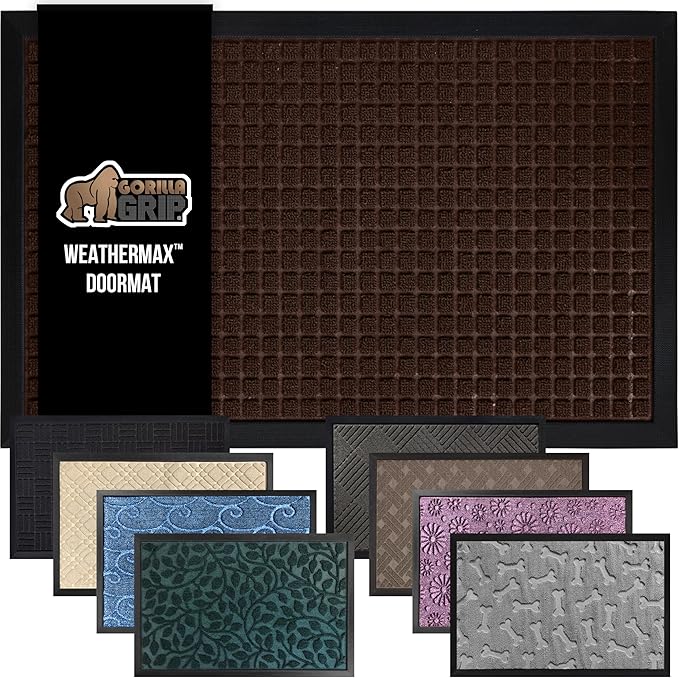 GORILLA GRIP 100% Waterproof All-Season WeatherMax Doormat, 23x35, Durable Natural Rubber, Stain and Fade Resistant, Low Profile, Indoor Outdoor Door Mats, Easy Clean Patio Entry Mat, Coffee Squares