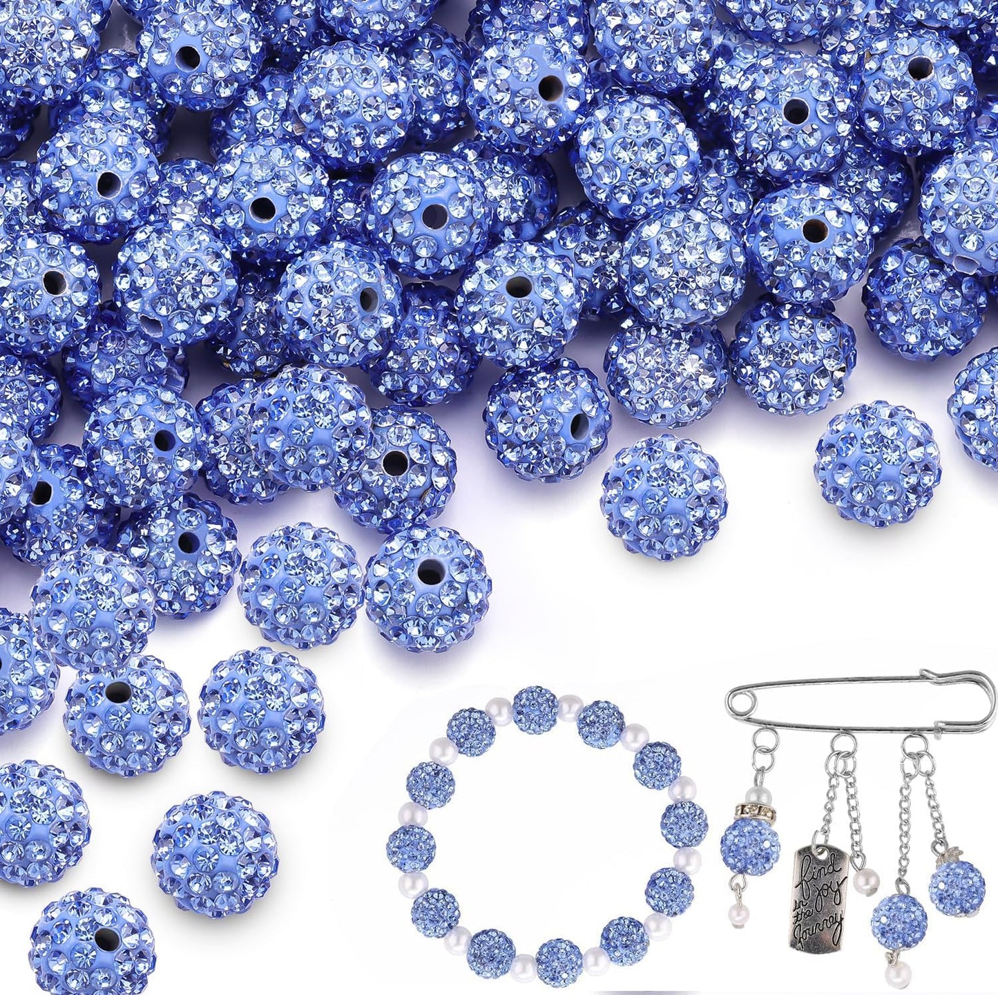 100 pcs 10mm Rhinestone Beads for Jewelry Making, Light Blue Shiny Round Shamballa Disco Beads Bulk, Sparkle Crystal Clay Christmas for Bracelet Baseball Necklace Earring Crafting and DIY
