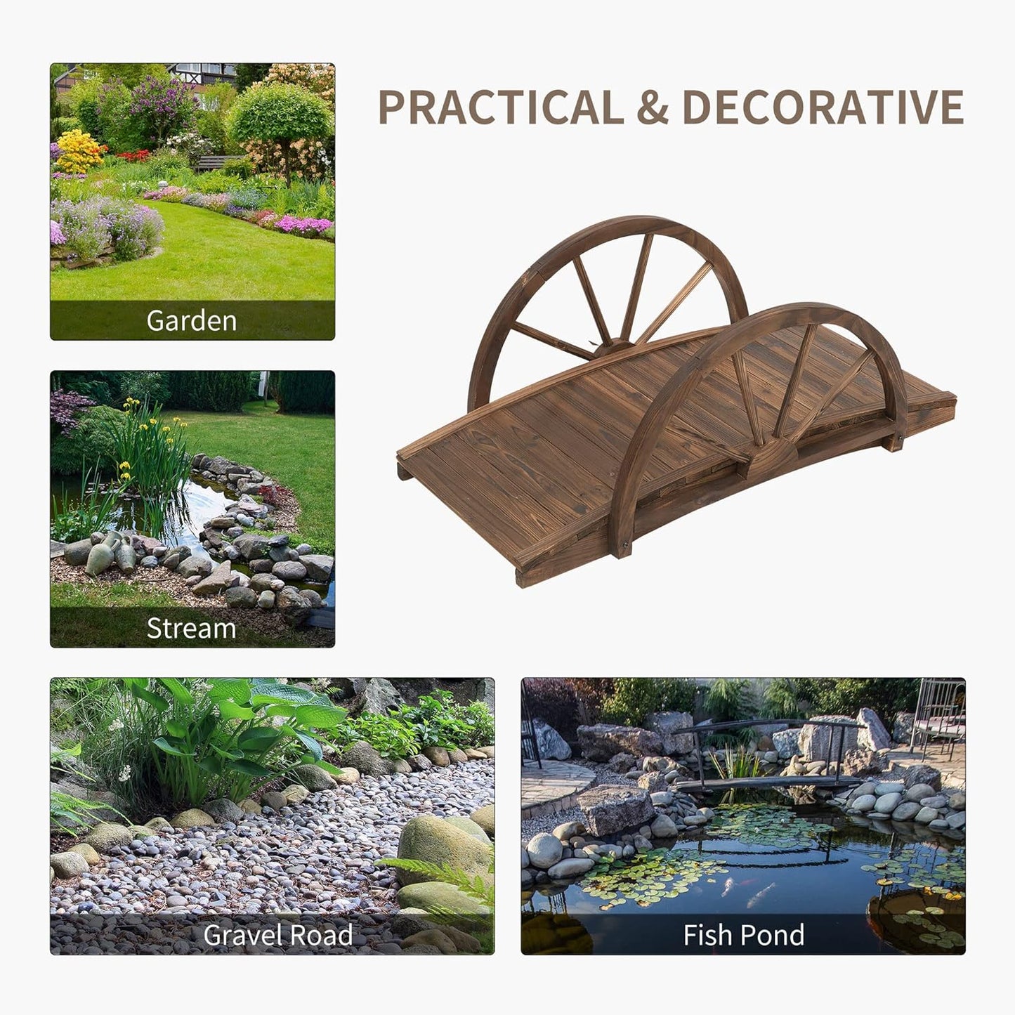 Outsunny 3.3ft Wooden Garden Bridge Arc Footbridge with Half-Wheel Style Railings & Solid Fir Construction, Stained Wood