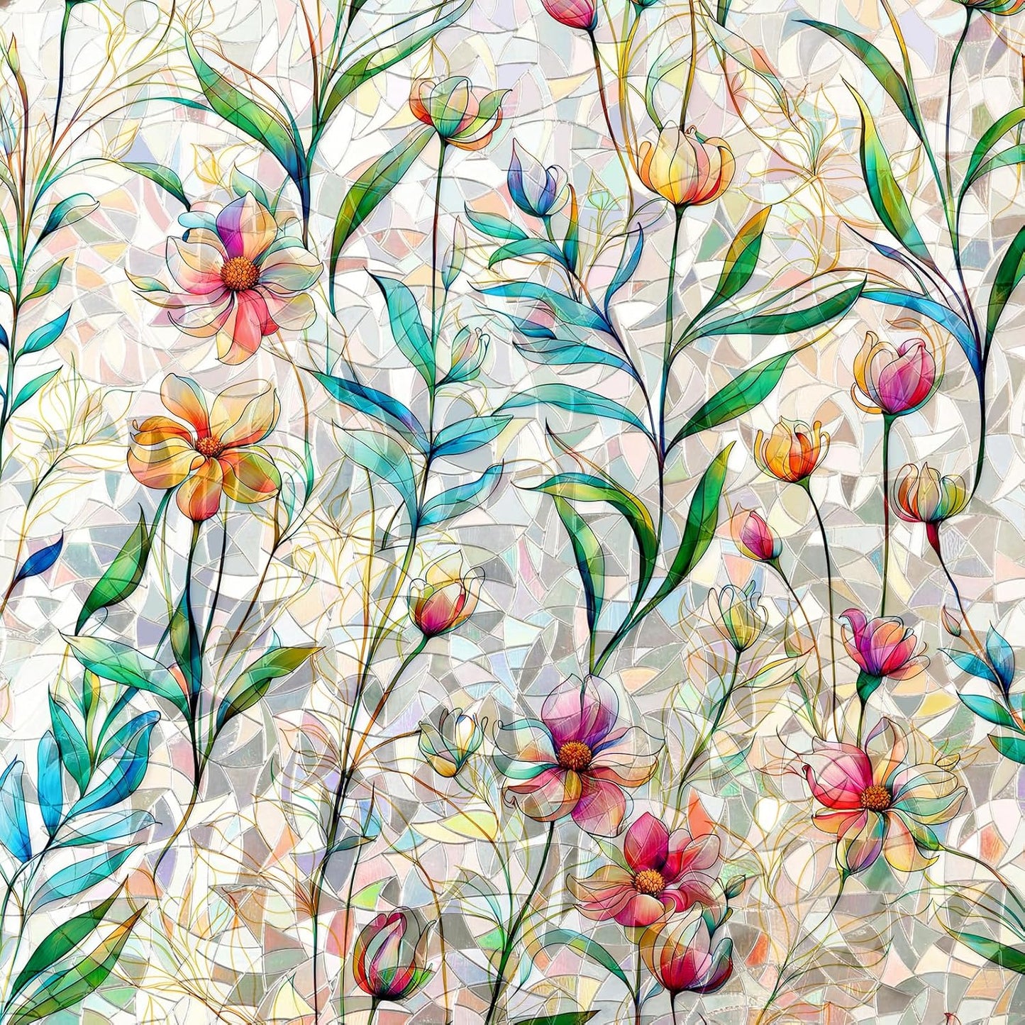 Rainbow Window Privacy Film 3D Floral Decorative Stained Glass Window Film Anti UV Non-Adhesive Reusable 17.5" x 78.7" for Home Room Car Glass Cling