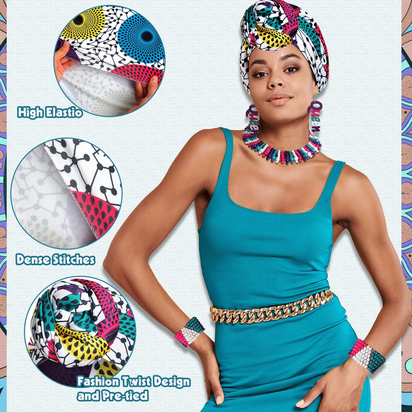 Yinkin 5 Pcs Jamaica Women's African Headband Jewelry Earrings Multicolor Beaded Jamaican Bracelet Headwraps Set Beaded Set Stre