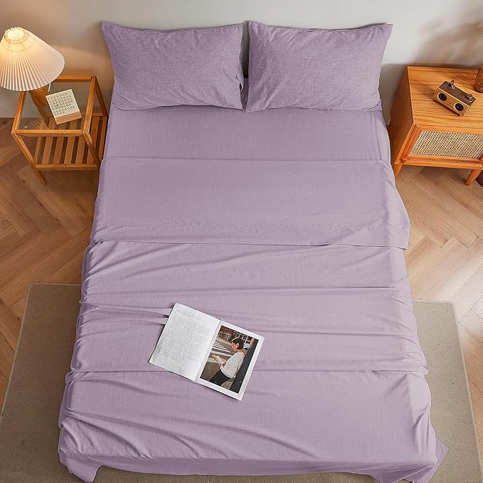 Queen Sheets Purple, Ultral Soft Cationic Linen Look Sheets, Luxury Cooling Cozy Bed Sheet Set with Non-Slip Fitted Sheet