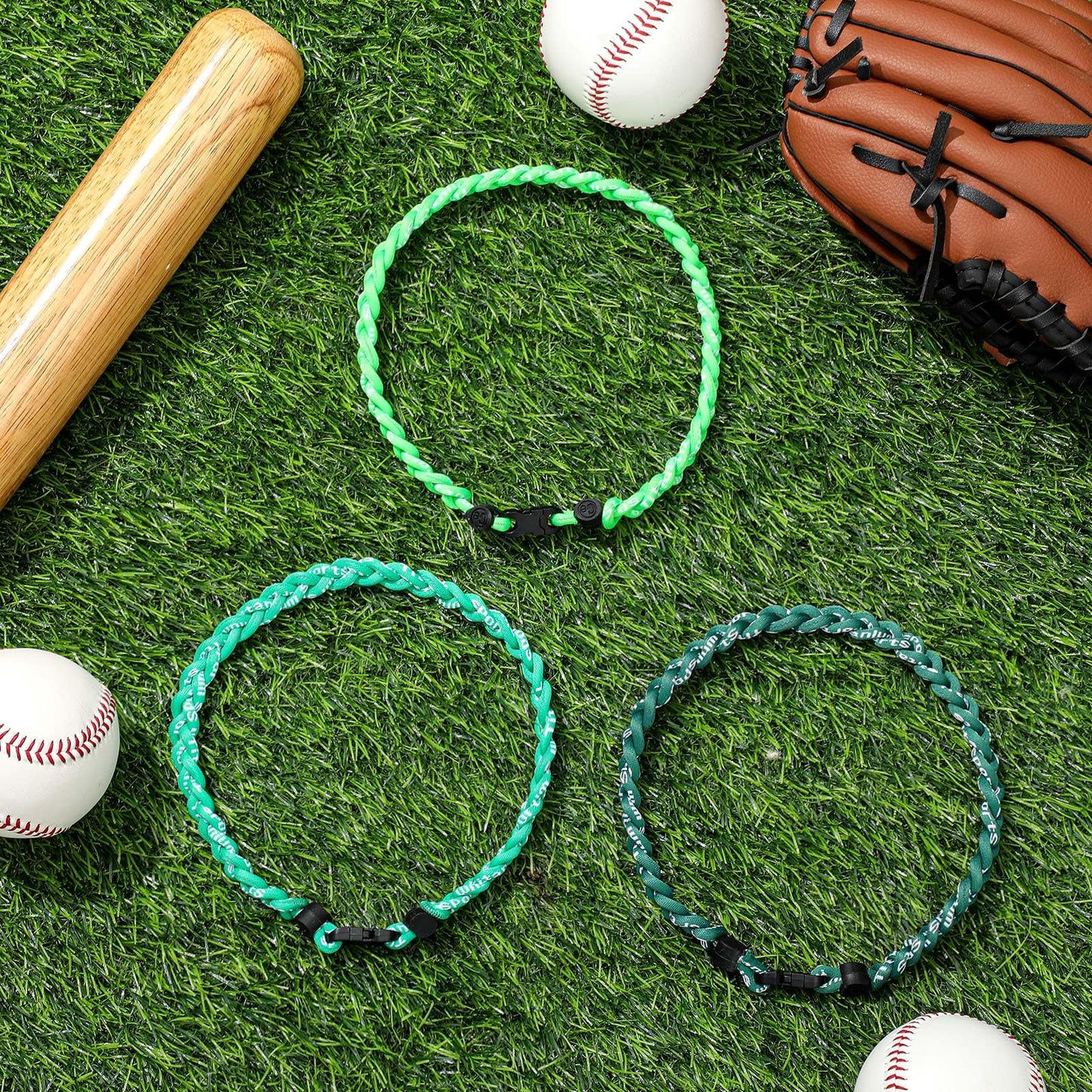 Junkin 3 Pcs Baseball Necklaces Three Braided Rope Titanium Necklace for Team Gifts Boys Men Player Softball Fans Sports (Green