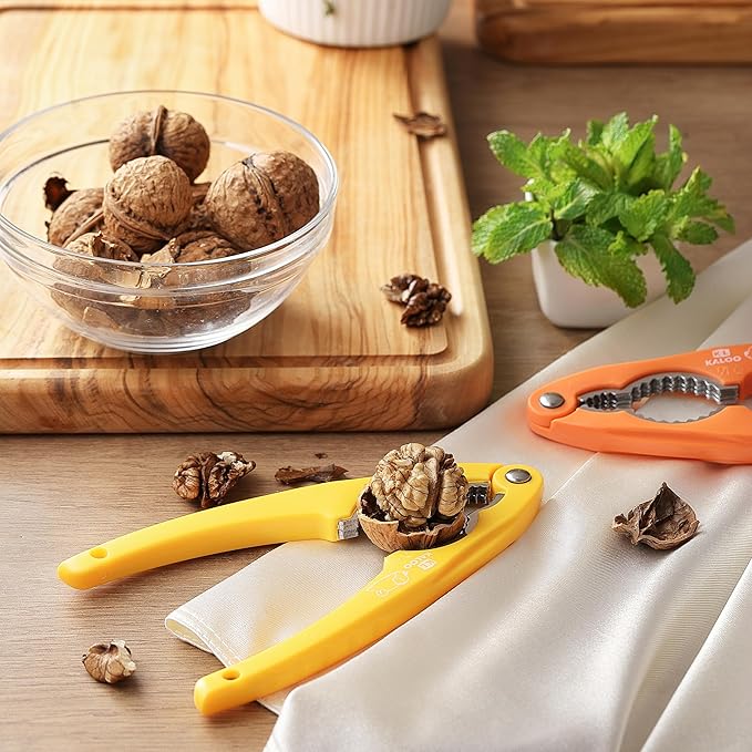 2PCS NutCracker, Kaloo Stainless Steel Nut Crackers for All Nuts, Nutcracker Tool for Walnet, Pencan, Chestnut, Crab, Lobster and More, Ergonomic Handle (Unique Pattern, Orange + Yellow)