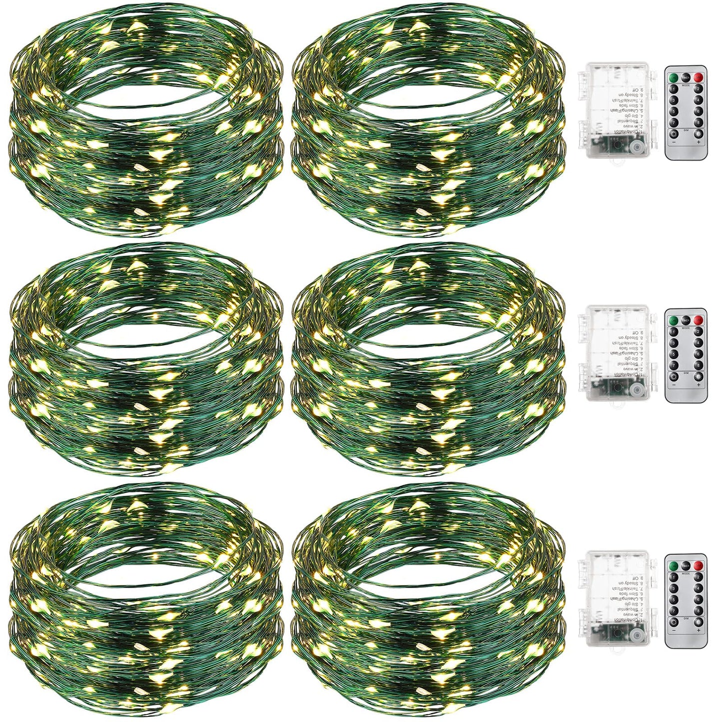 Remagr 6 Pack Christmas Fairy String Lights Battery Operated Green Wire LED Waterproof String Lights with Remote 8 Modes for Chr