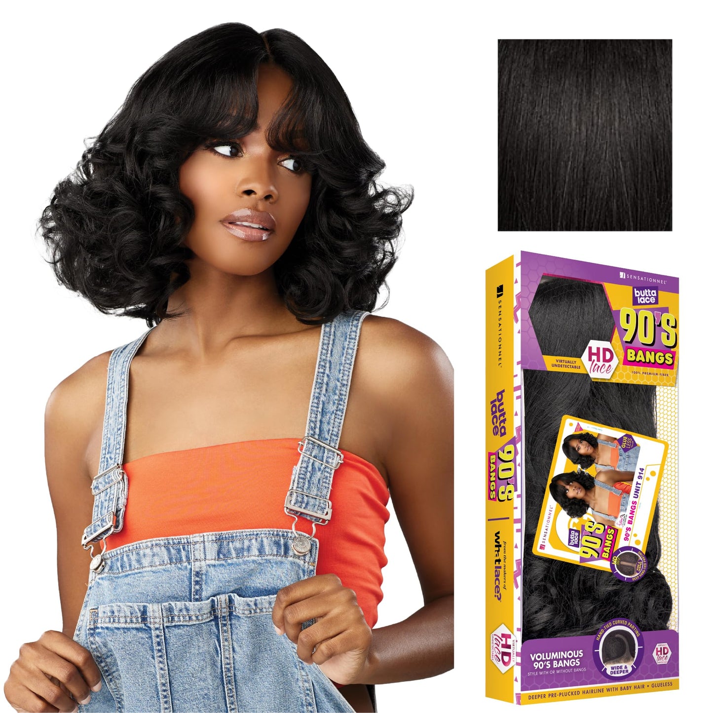 Sensationnel Butta Lace 90Sbangs Wigs - Unit 914 Glueless Wide Deep Part Synthetic Preplucked Hairline (1B OFFBLACK)
