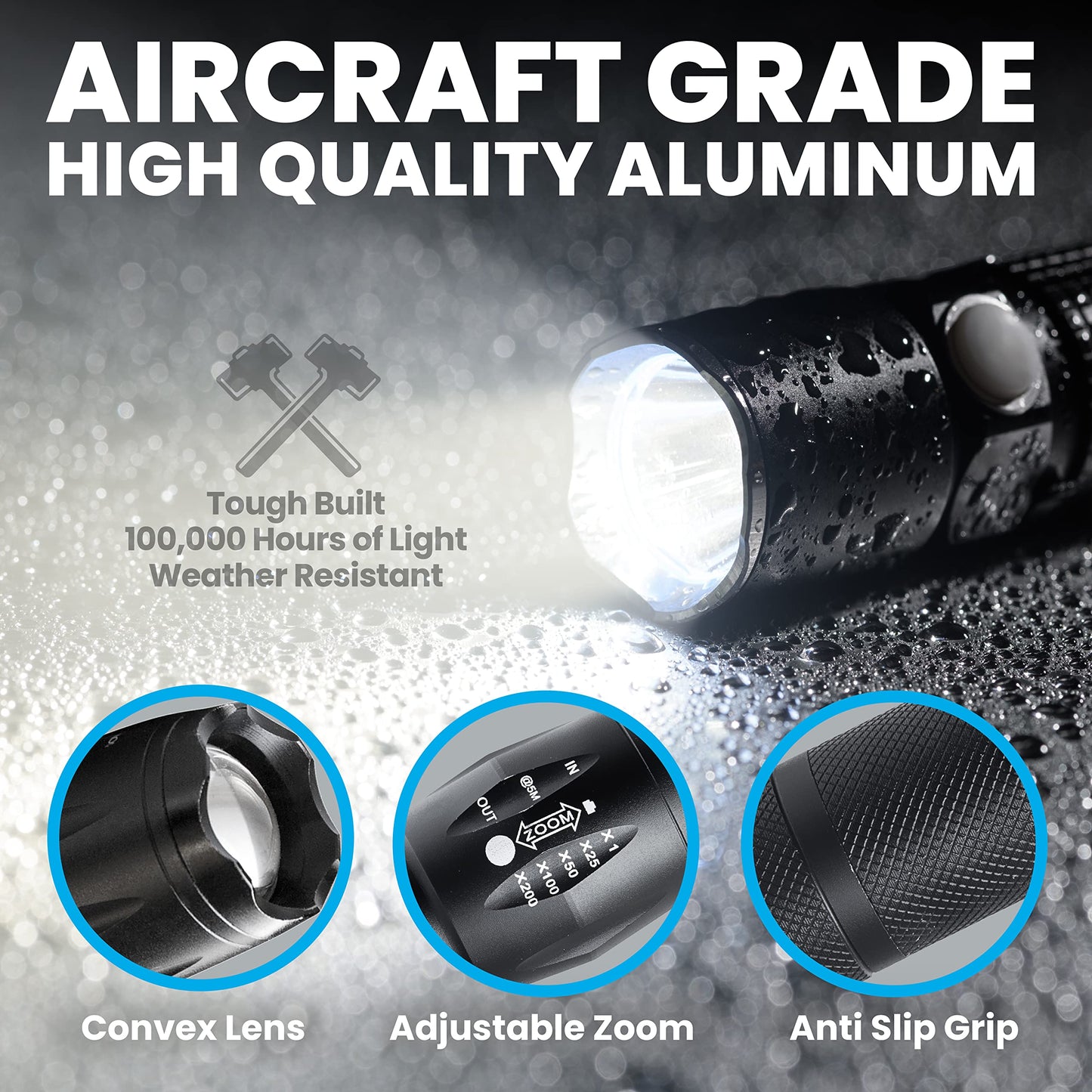 Bell+Howell Taclight 3 Pack Tactical Flashlights, High Lumens, Zoomable, Waterproof, Aluminum, Black, Model 9386