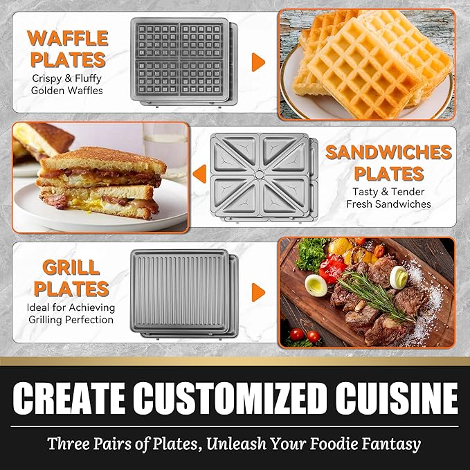 Belgian Waffle Maker with Removable Plates, Waflera Electrica, Large Waffle Iron, 3 in 1 Panini Grill Press Breakfast Sandwich Maker, Electric Griddle, Grilled Cheese Maker, Breakfast Station