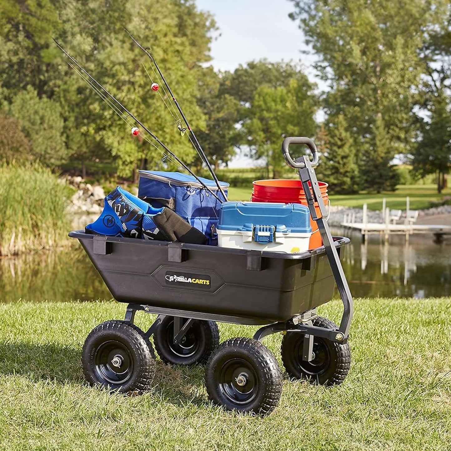 Gorilla Carts Heavy-Duty Poly Yard Dump Cart, 6 Cu Ft Tub, 1200 lb Haul Capacity, Black – Towable Utility Wagon with Quick-Release Dumping & Pneumatic Tires for Landscaping and Gardening