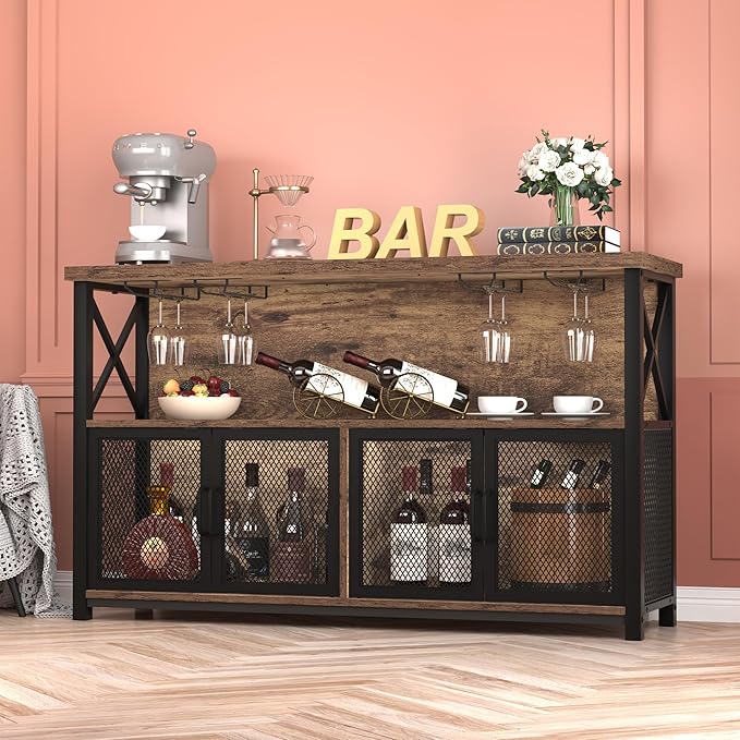 LVB Industrial Coffee Bar Cabinet, Farmhouse Wine Bar Cabinet for Liquor and Glasses, Metal Wood Sideboard Buffet Liquor Cabinet and Wine Rack with Storage for Home Dining Kitchen, Rustic Brown, 47 In