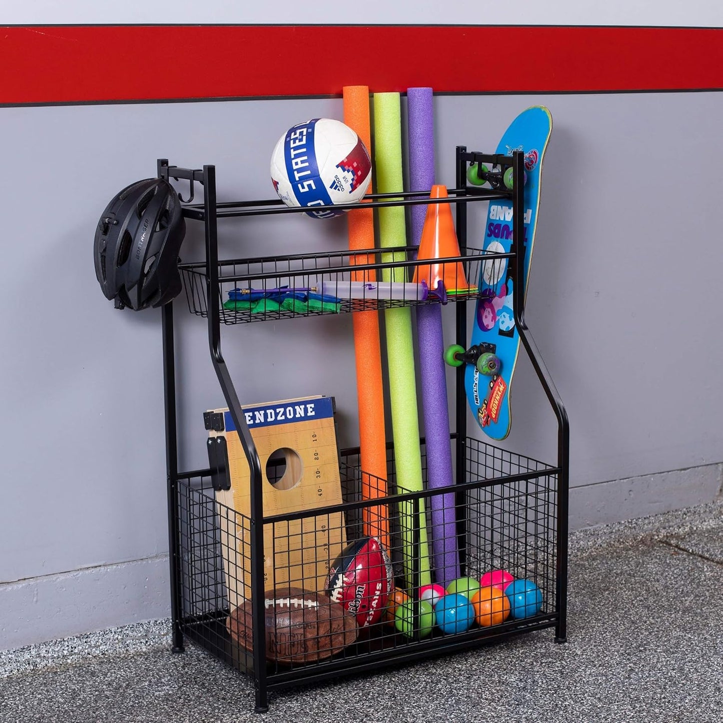 BIRDROCK HOME Sports Equipment Ball Organizer 43"H for Garage -Storage Rack - Baseball, Tennis, Football, Gym Gear - Wide Bin Basket - 4 Hooks - Kids Toy Holder - Hockey Stick Cage | Indoor - Outdoor