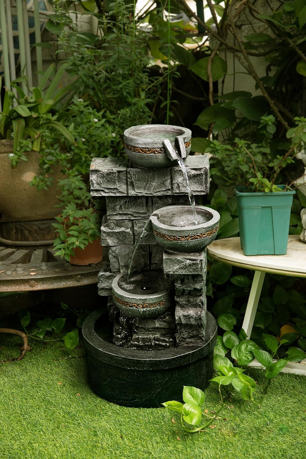 Cheng Pin Water Fountain Outdoor - 28 Inch Tall Cascading Bowls and Stacked Stones Design, Create Relaxing Waterfall Flow Water Feature for Outside Garden, Patio, Backyard