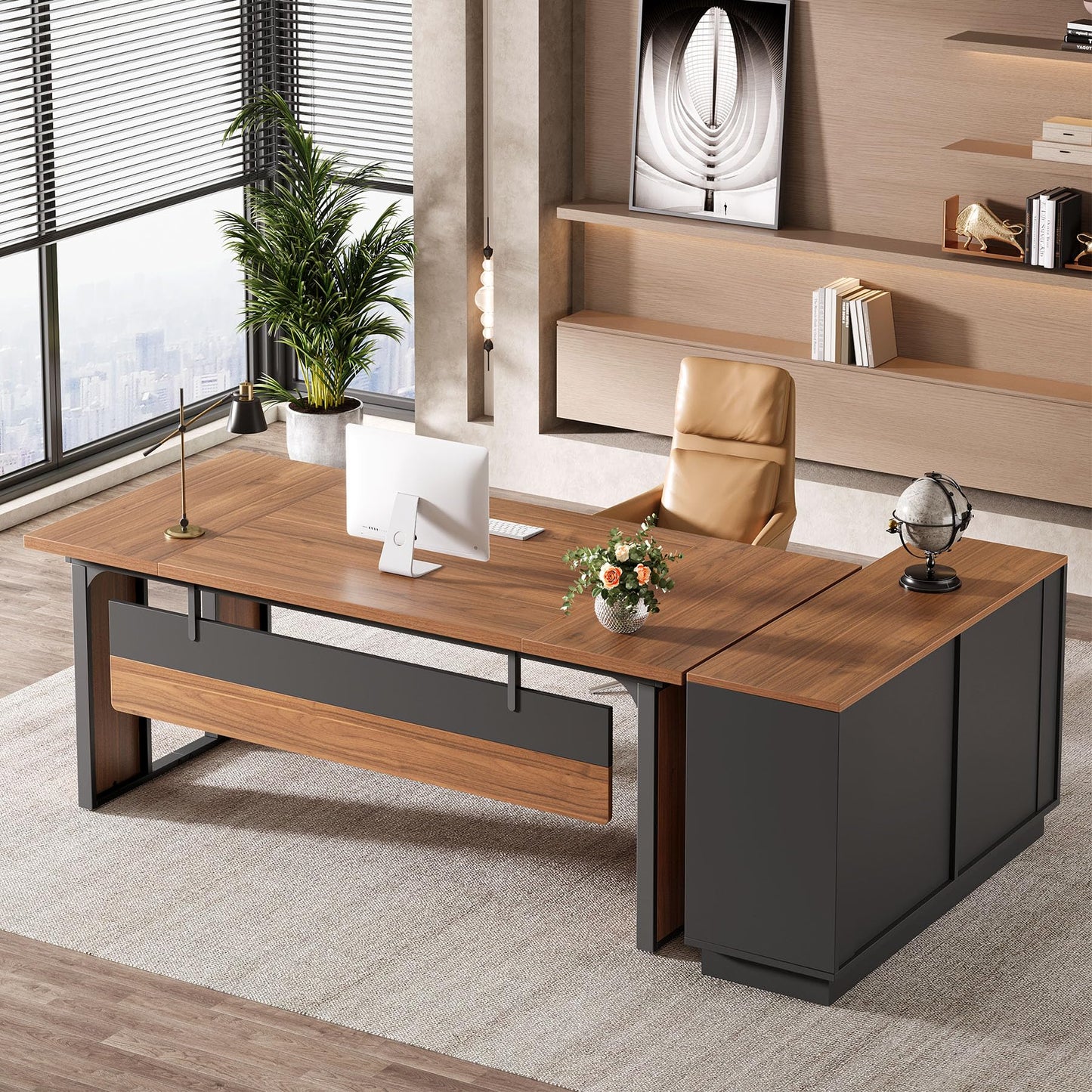 Tribesigns 63‘’ L-Shaped Executive Desk, Office Table with 39.37-Inch Drawers Cabinet, Large Computer Desk with Storage Shelves, Business Furniture Set for Home Office, Brown & Black