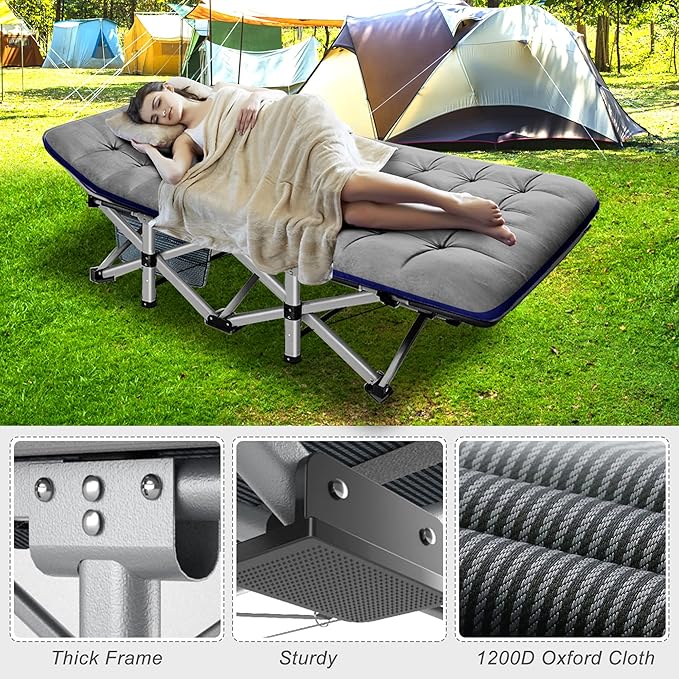 ABORON 2 Pack Folding Camping Cot W/Mat for Adults, Heavy Duty Outdoor Bed with Carry Bag,1200 D Layer Oxford Travel Camp Cots
