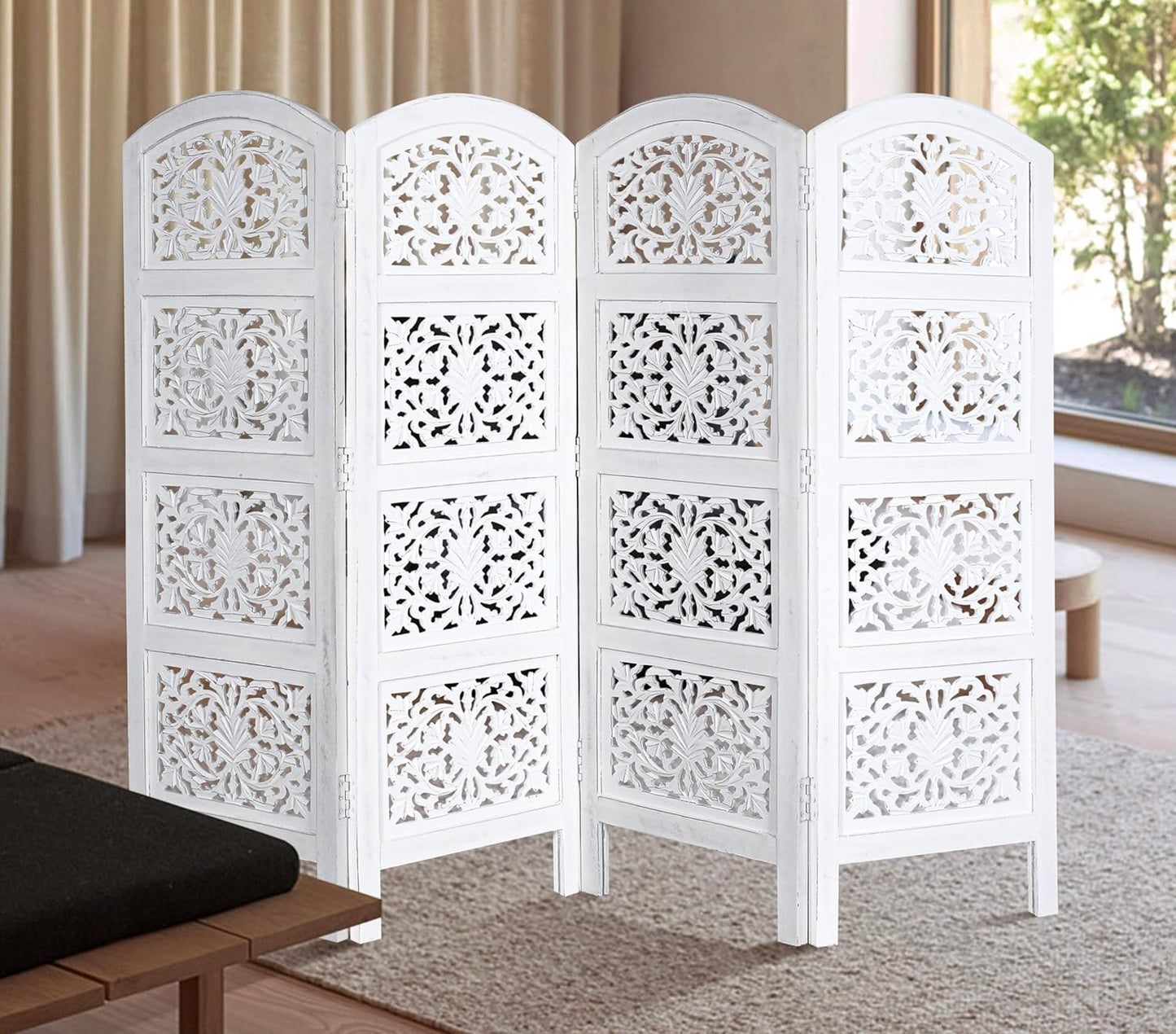 Room Divider Wood Screen Panel – White, 4-Panel Folding 64"x48", Hand-Carved, Reversible Privacy Partition, Decorative & Functional Portable Room Divider for Home or Office