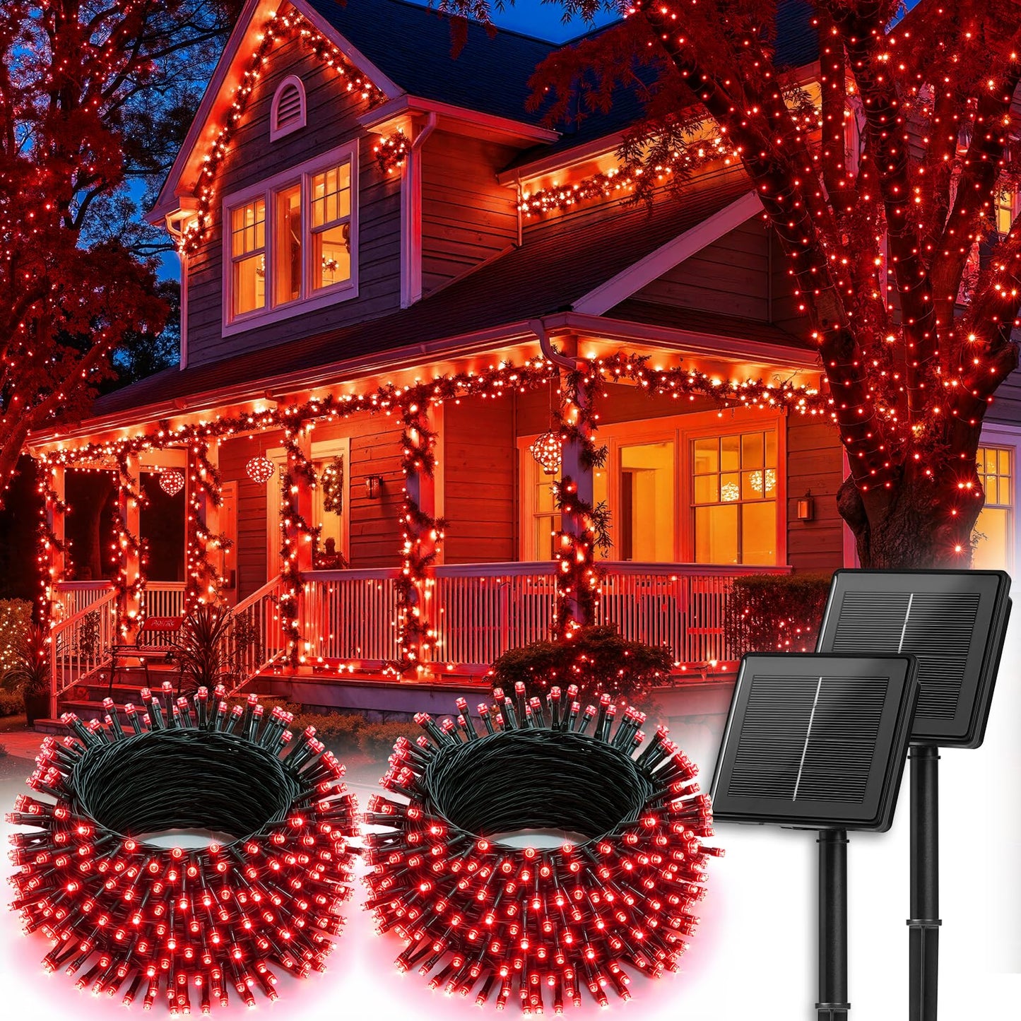 Brightown 2 Pack Solar String Lights Outdoor  Total 144Ft 400 Led Twinkle Fairy Lights Waterproof With 8 Modes Auto On/Off For Patio Tree Garden Party Home Wedding Christmas Decorations (Red)