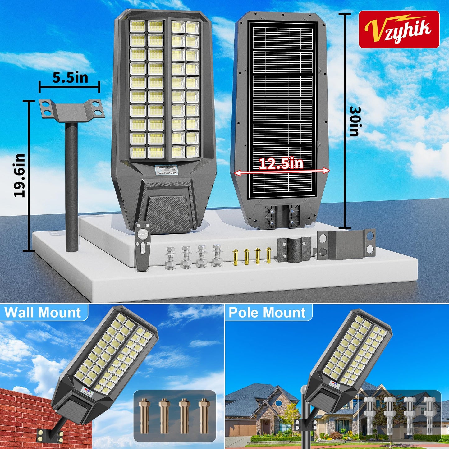 Vzyhik Solar Street Lights - 9500W Outdoor LED Flood Light with Motion Sensor, Remote Control, Waterproof, Black