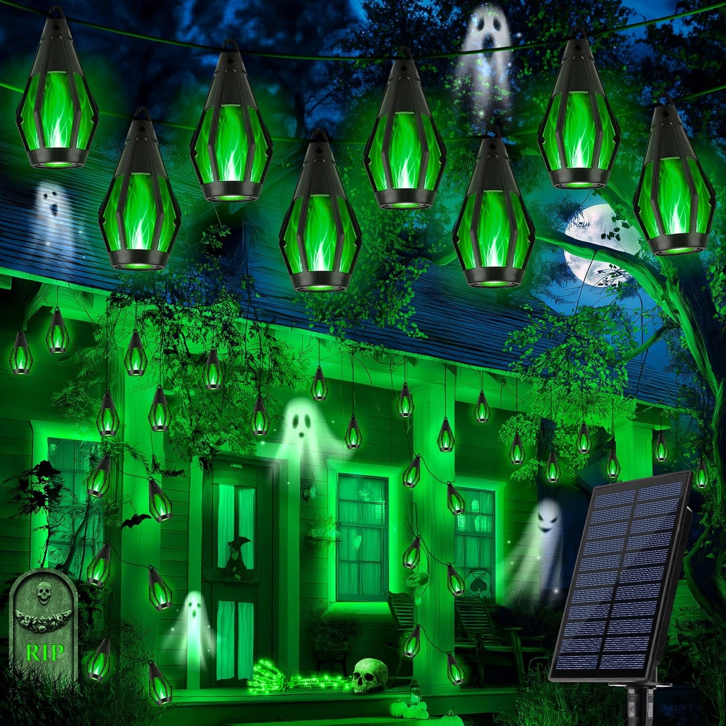 iBaycon Solar Halloween Lights, 27Ft 10 LED Bulbs Flickering Flame String Light, Outdoor Waterproof Solar Flame Lights for Garden Yard Patio Halloween Decorations (Green)