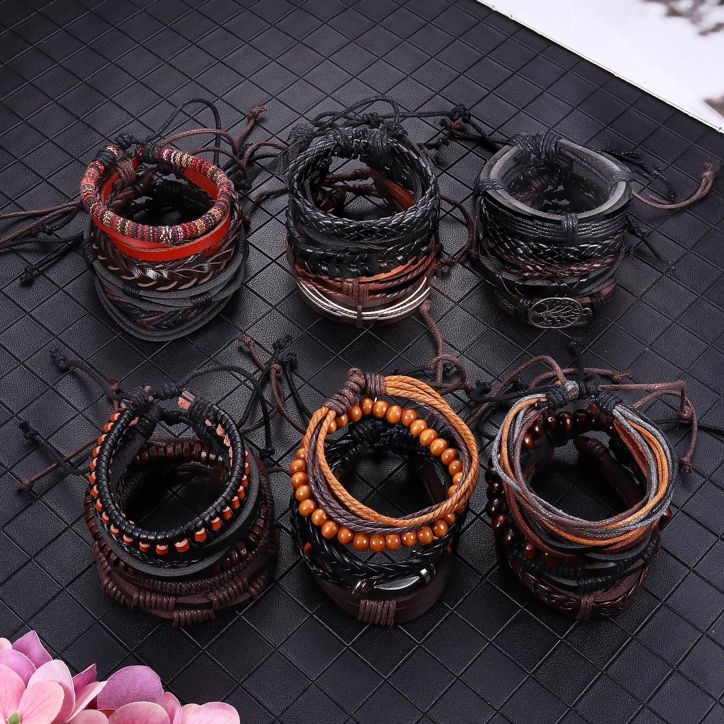 Florideco 30PCS Braided Leather Bracelets for Men Women Wrap Wood Beads Bracelet Woven Ethnic Tribal Rope Wristbands Bracelets S