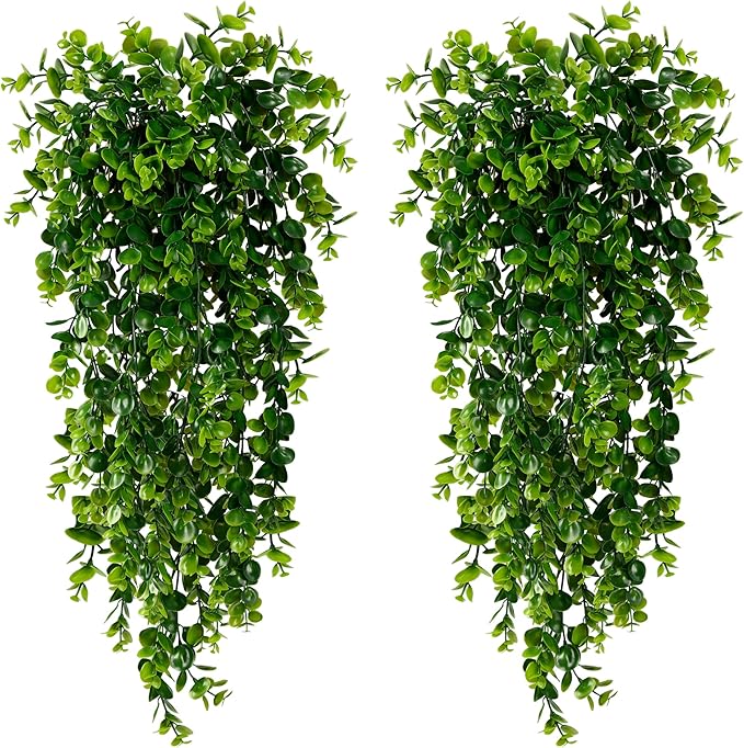 Sggvecsy 4 Pack Artificial Hanging Plants Fake Hanging Plant Faux Hanging Eucalyptus Plants UV Resistant Plastic Plants fo...
