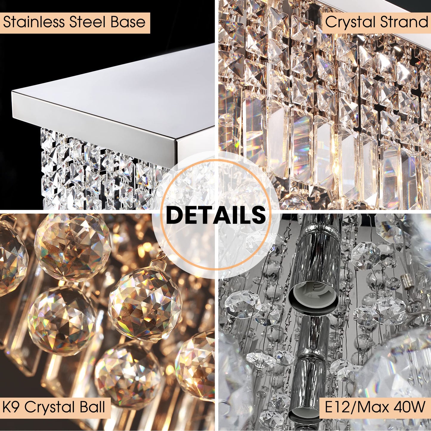 7Pm Crystal Chandelier For Dining Room, Chrome Stainless Steel, 40X10X10, Model Cl010895