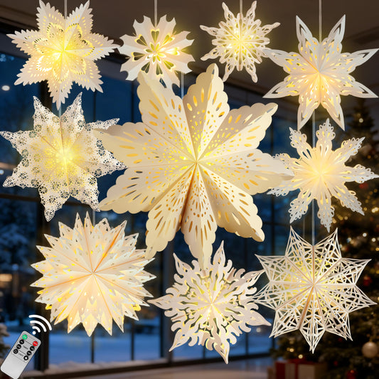10 Pcs Christmas Paper Snowflake Lanterns  Large Christmas Paper Star Lanterns With Led Lights White Hanging Snowflake Lamp Ornaments For Xmas Winter Frozen Weddings Birthday Holiday Party Decorations