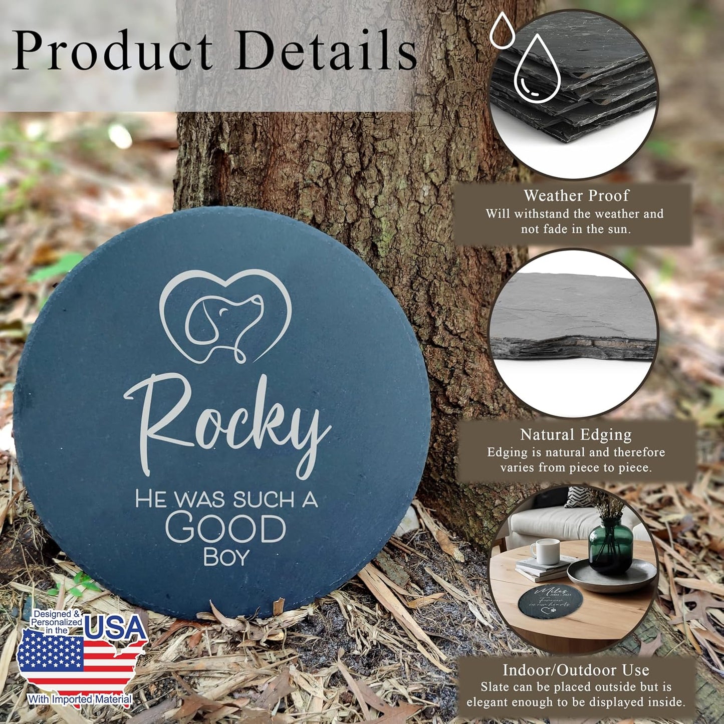 Personalized Pet Memorial Stone for Dogs and Cats | Custom Laser-Etched Weatherproof Garden Grave Marker | Natural Stone Bereavement Headstone Sympathy Gift | 4, 6, 10, or 12 Inch Heart or Circle Shape (A10)
