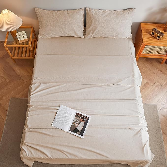 King Sheets Brown, Ultral Soft Cationic Linen Look Sheets, Luxury Cooling Cozy Bed Sheet Set with Non-Slip Fitted Sheet