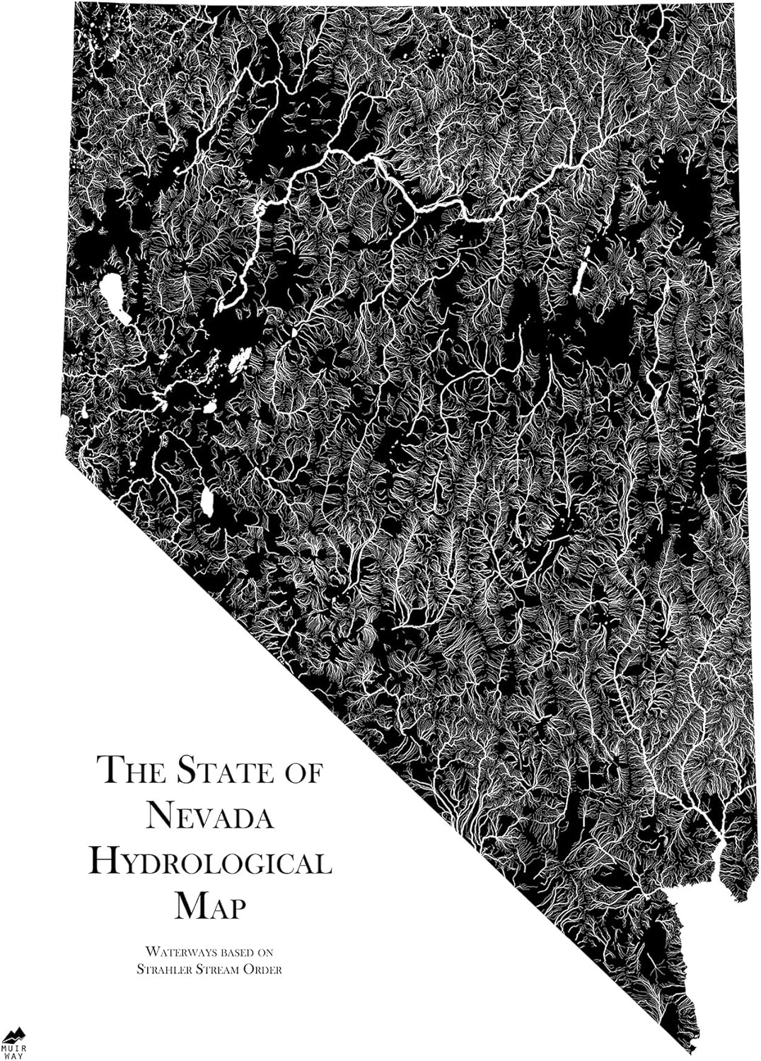 Muir Way Hydrological River Map of Nevada - Watershed Topographic Wall Art for Home, Office, or Travel Decor - Unframed Flat Paper Print, 18x24