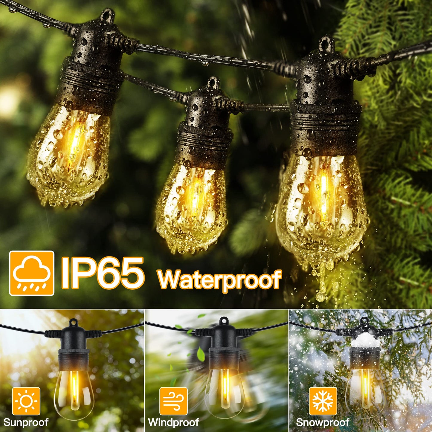 Ollny Outdoor String Lights, 50FT Waterproof Patio Lights, 15 Shatterproof Bulbs, Warm White, Model ASS14-05015-C