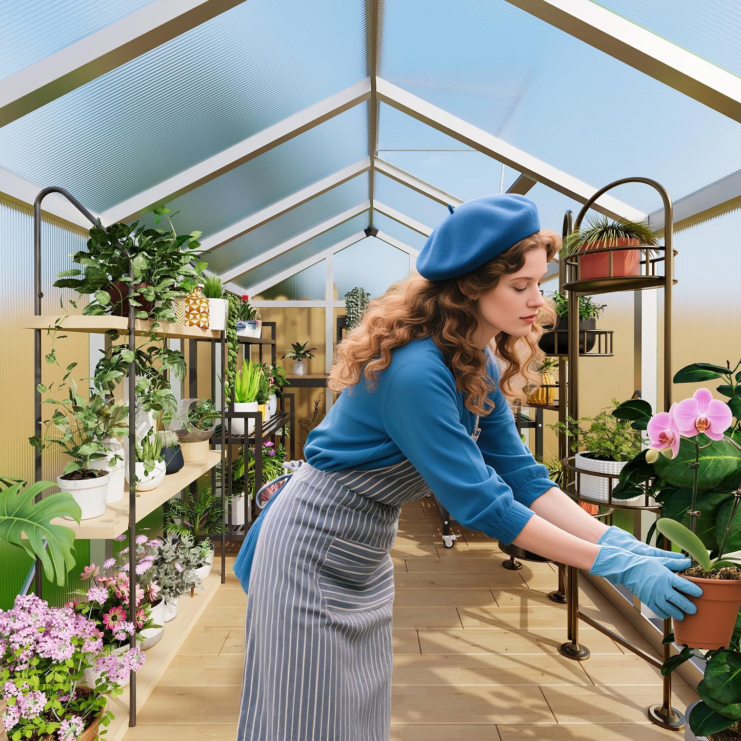 8x12 FT Greenhouse for Outdoors, Polycarbonate Greenhouse with Roof Vent, Ground Nails, Lockable Push Door, Aluminum Large Walk-in Green House for Outside Garden Backyard, Patio, Lawn, Silver