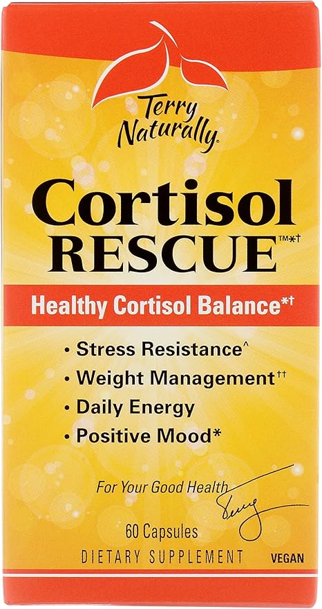 Terry Naturally Cortisol Rescue - Adrenal Health & Energy Support Supplement - Vitamin C & Riboflavin Formula - Vegan Supplement with Vitamin B12, Biotin & DHEA - 60 Capsules (60 Servings)