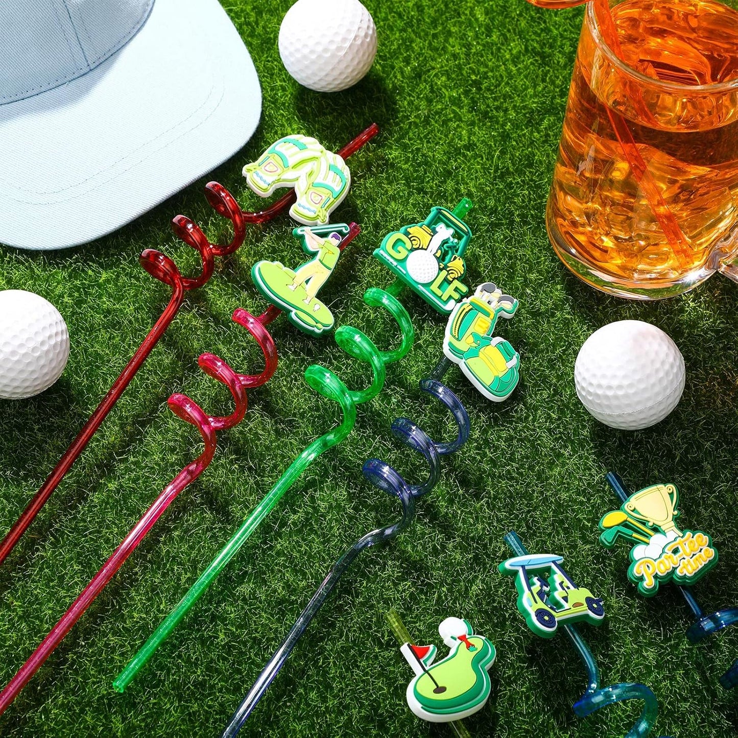 Eaasty 24 Pcs Golf Party Favors Twisty Golf Straws Par Tee Plastic Reusable Drinking Straws for Birthday Baby Shower Retirement Sport Themed Party Supplies, 8 Styles 8 Colors