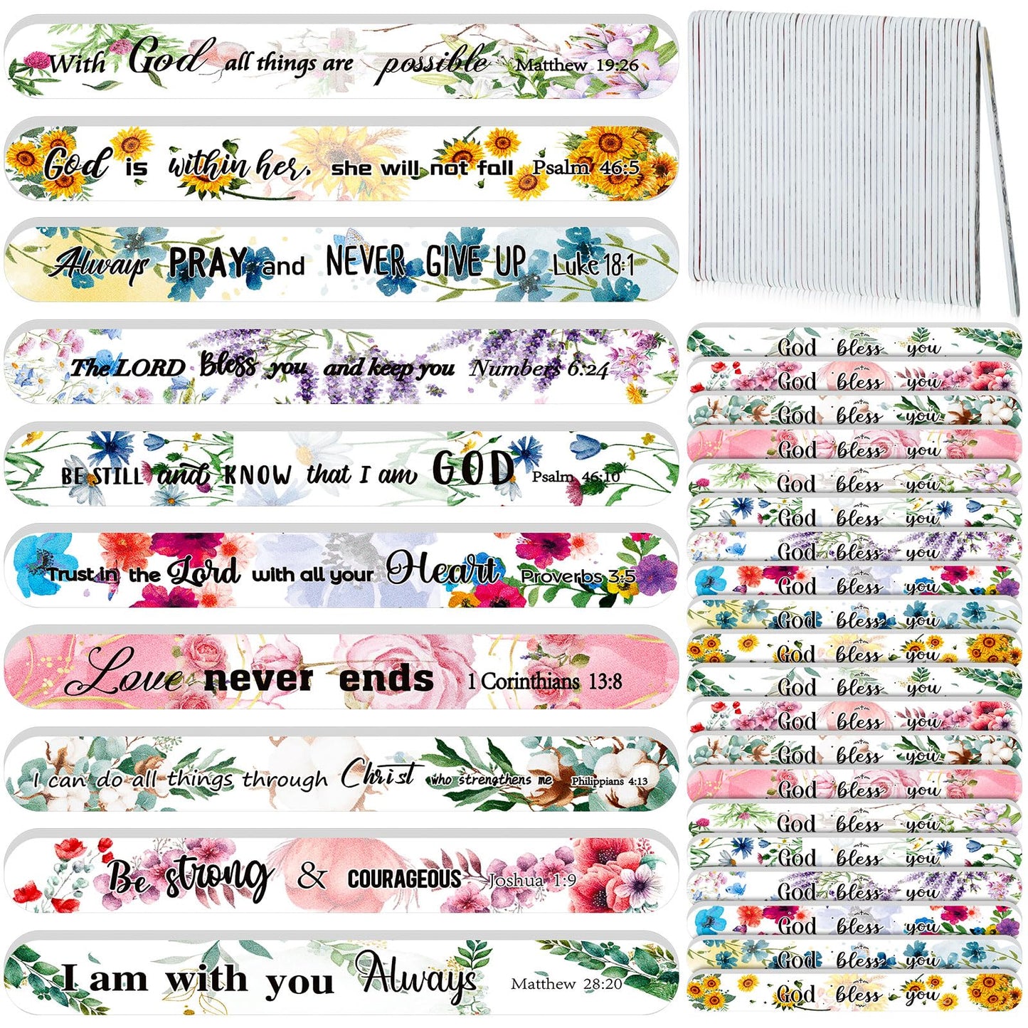 Lanties 50 Pack Christian Gifts for Women Bulk Bible Verse Scripture Nail Files Floral Emery Boards Christian Religious Party Gi