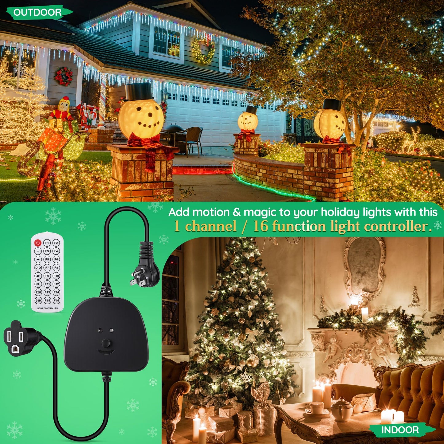 Gulfmew Christmas Light Controller With Remote  Multiple Lighting Effects  Timer  Dusk To Dawn Sensor Control  For Indoor Outdoor Holiday Xmas Lights  Waterproof(1 Channel/16 Functions Black)