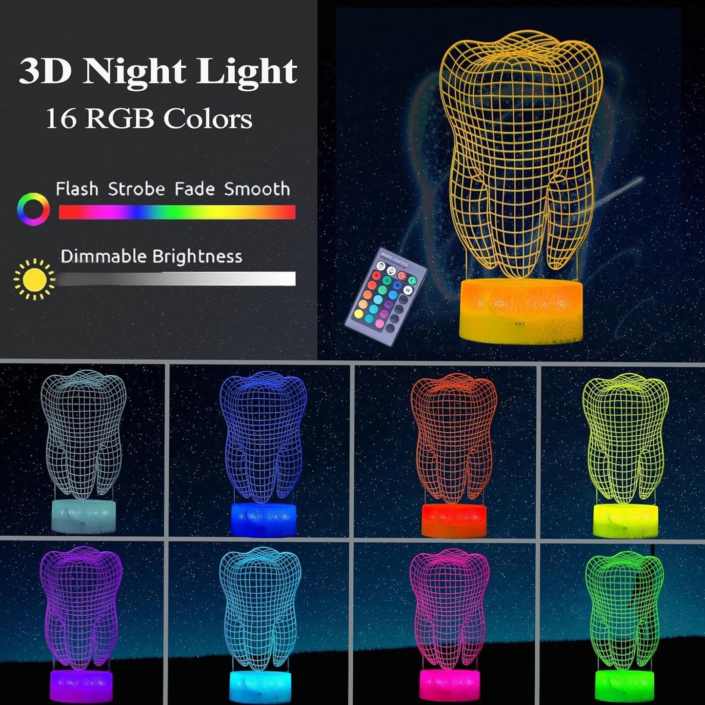 Dental Gifts, 3D Tooth Night Light, 3D Illusion Lamp, 16 Colors Changing, Remote Control, Dimmable, Living Room Decoration, Xmas Tooth Model Gifts