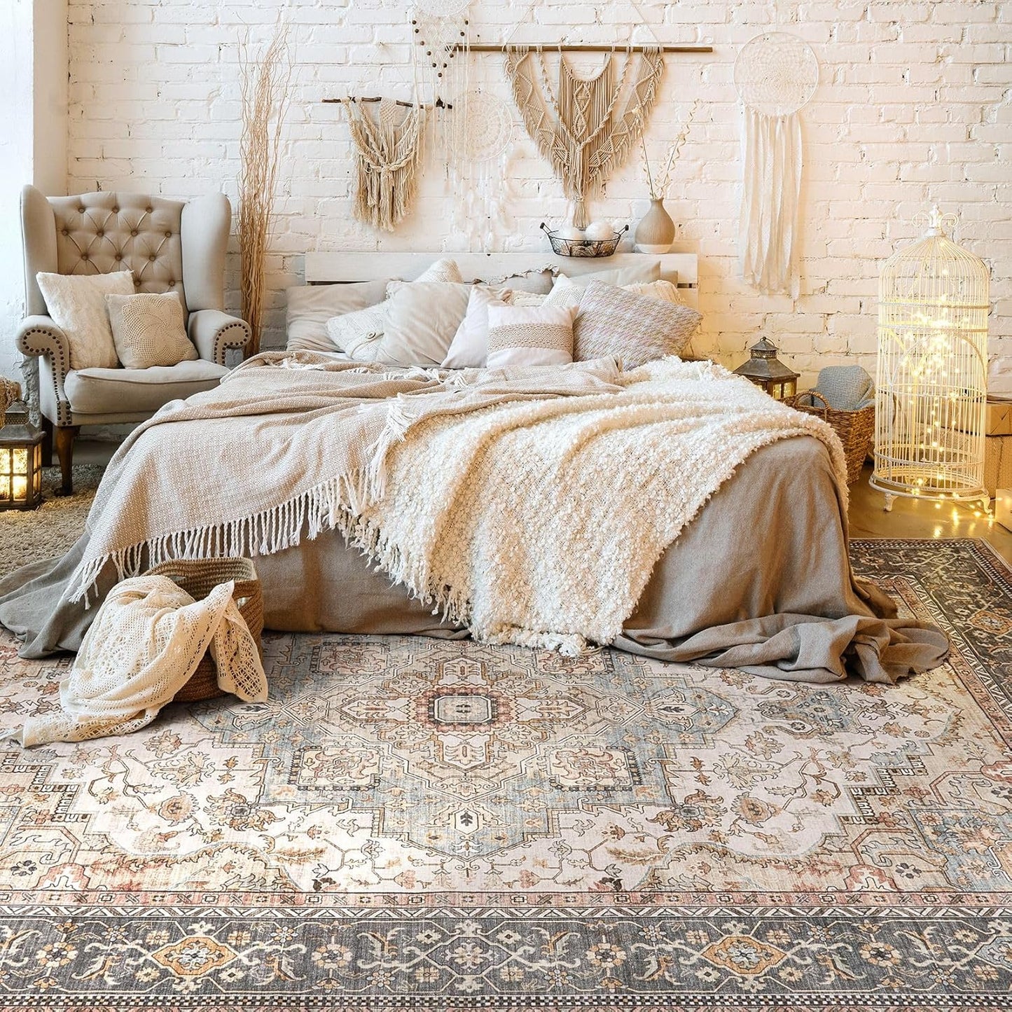 Washable Area Rugs for Living Room - 10x12 Neutral Vintage Distressed Floral Farmhouse Boho Large Soft Floor Rug Indoor Non Slip Carpet for Living Room Bedroom Dining Room Office - Forest Green Orange